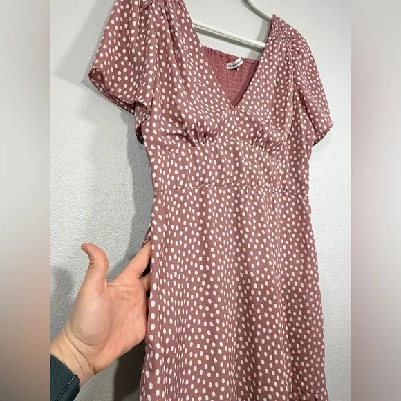 Abercrombie & Fitch Dress Mini Short Sleeve Mauve Pink White Dots Ruffle Women M - Picture 2 of 8